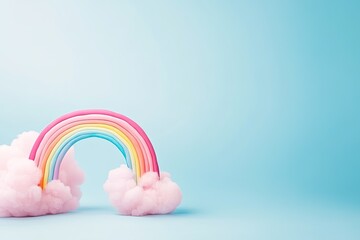 Colorful rainbow made of candy over fluffy pink clouds on a soft blue background