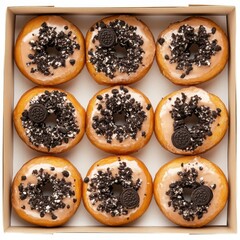 Freshly baked donuts in a cardboard box ready for breakfast or dessert