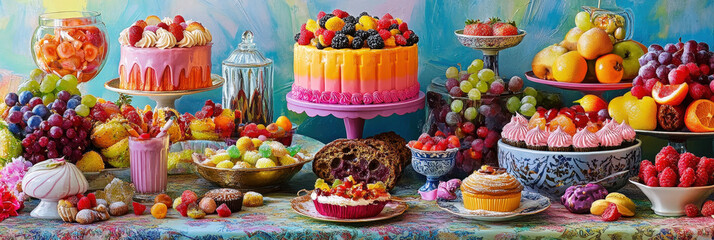 Eine überladene Desserttafel mit bunten Torten, Gebäck, Süßigkeiten und Früchten, umgeben von lebhaften Dekorationen und kunstvollem Geschirr in einer farbenfrohen Szene