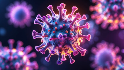 Obraz premium Intricate 3D Rendering of Virus Particle with Spike Proteins: AI-Generated Visualization on Dark Background