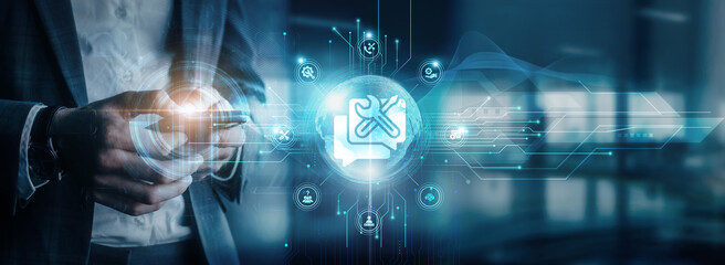 Businessman using mobile device to interact with technical support services, global network connectivity, and remote troubleshooting solutions.