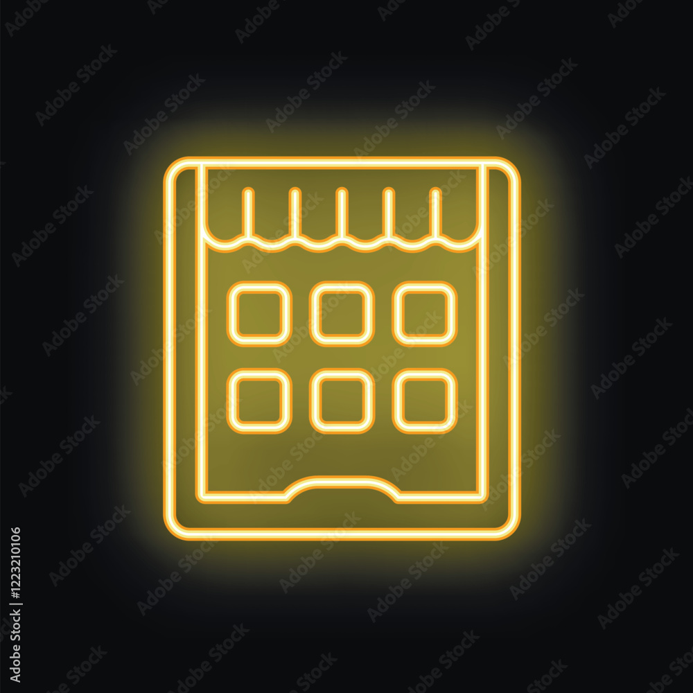Wall mural yellow glowing neon sign representing a smartphone showing an app interface with buttons, on a dark 