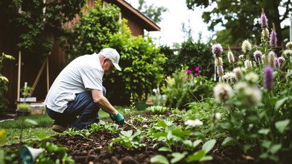 Senior Man Tending to His Vegetable Garden