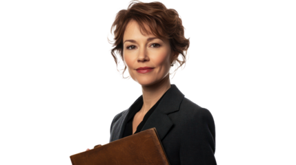 A confident portrait of a businesswoman holding a portfolio, isolated on white for a professional and clean look, isolated on a transparent background. Cutout.