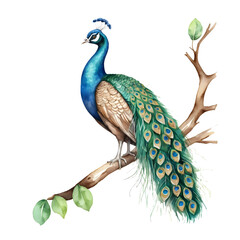 Obraz premium Watercolor peacock perched on a branch, elegant and artistic design
