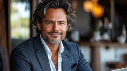 Confident businessman smiling at a caf?, with a cozy interior and soft lighting in the background