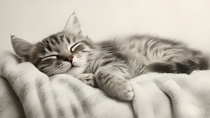 Kitten sleeping soundly on soft blanket, peaceful home interior, calming pet image