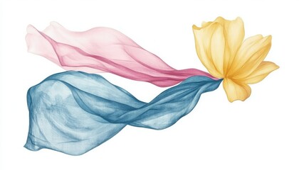 Fototapeta premium Flowing silk fabric in soft pastel colors with a yellow flower, creating a serene and artistic composition