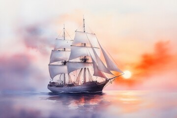 Fototapeta premium A watercolor painting of a considerably large ship sailing across a calm sea at sunset, with warm tones reflecting off the water and the ship massive sails catching the wind