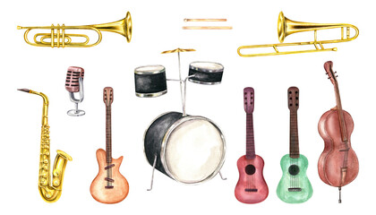 Musical percussion, string and wind instruments and retro microphone on metal stand set watercolor illustration. Jazz music elements in realistic style. Clip art for concert poster, fest print
