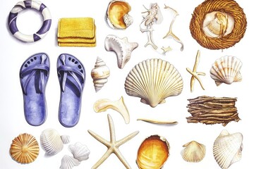 Obraz premium Collection of beach-themed items including seashells, flip-flops, and driftwood arranged artistically