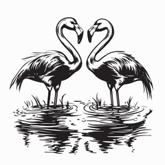 Two flamingos are reflected in the water with their heads together image vector.