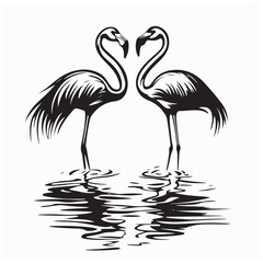 Two flamingos are reflected in the water with their heads together image vector.