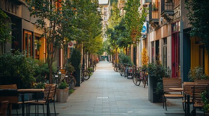 Fototapeta premium Serene Urban Alleyway with Greenery and Charming Cafes in Focus