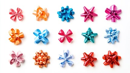 Colorful gift ribbons and bows in various styles arranged on a white background