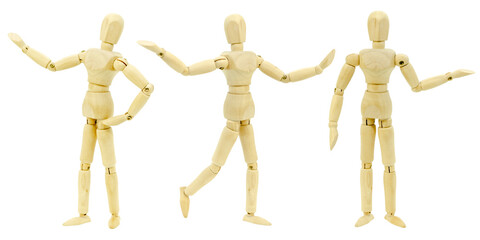 Set wooden men in different poses, isolated on white background. Figurine Wooden mannequin