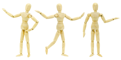 Set wooden men in different poses, isolated on white background. Figurine Wooden mannequin