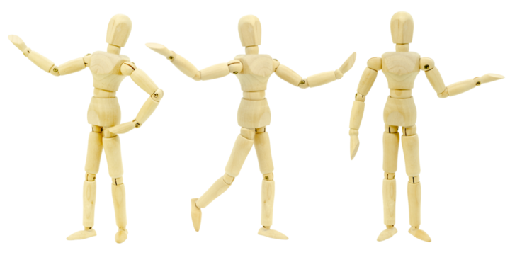 Set wooden men in different poses, isolated on white background. Figurine Wooden mannequin