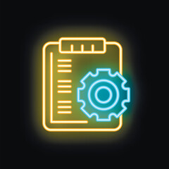 Glowing neon icon representing the concept of project management with a clipboard and gear