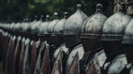 Row of medieval helmets and armor.