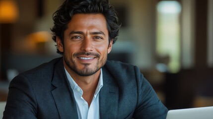 Fototapeta premium Confident businessman smiling at camera while working on laptop in modern office setting