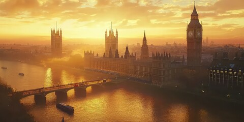 Big Ben and the Houses of Parliament glowing in the golden light of sunrise.