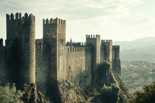 Ancient stone castle walls overlooking valley