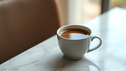 a white cup of coffee sitting on a matching saucer on a wooden table, with a blurred background of a window and chairs