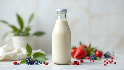 a glass bottle filled with milk, surrounded by fresh berries and greenery on a bright surface, creating a healthy and natural