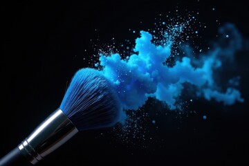 Abstract image of a makeup brush releasing a vibrant blue cloud of powder against a dark background.  The dynamic splash showcases the texture and movement of the cosmetic product.
