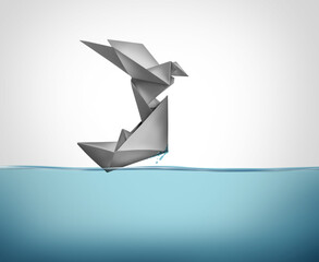 Creative Leadership business metaphor for the power of creativity as paper origami symbols representing a mentor leader empowering another to a higher level through skill and ability.