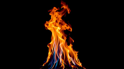Fototapeta premium display of flames with a mix of orange, red, and blue hues dancing against a stark black background