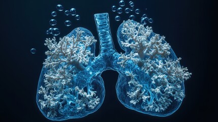Underwater Coral Structure Represented as a Pair of Lungs Surrounded by Bubbles and Ocean Elements for Medical and Environmental Themes