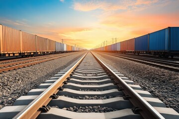 Fototapeta premium Cargo trains waiting on railway at sunset for global logistics and transportation