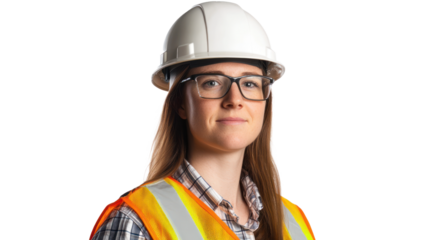 A professional portrait of a female engineer in a hard hat and safety vest, isolated on white for industrial branding, isolated on a transparent background. Cutout.