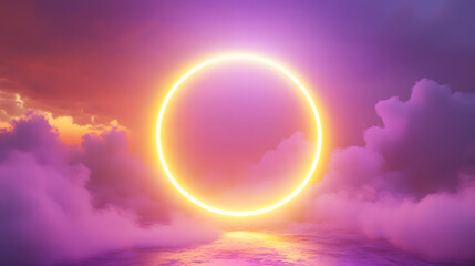 Naklejka premium Glowing Neon Circle in Vibrant Sunset Clouds