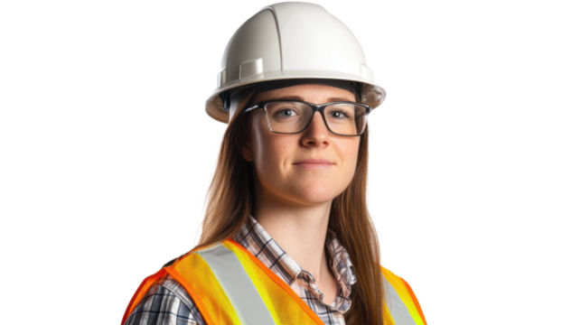 A professional portrait of a female engineer in a hard hat and safety vest, isolated on white for industrial branding, isolated on a transparent background. Cutout.