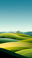 A serene landscape featuring rolling green hills under a clear blue sky, with a distant farmhouse and tree line, evoking peace and tranquility.
