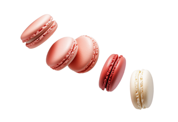 Red, pink, and white macarons floating, flying isolated on white background, Valentine's gift and decoration concept. isolated, transparent, png.