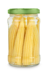 Jar of pickled young baby corn cobs isolated on white background