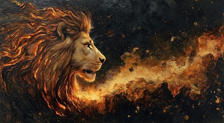 Naklejka premium Majestic Lion with Fiery Mane Against Dark Cosmic Background
