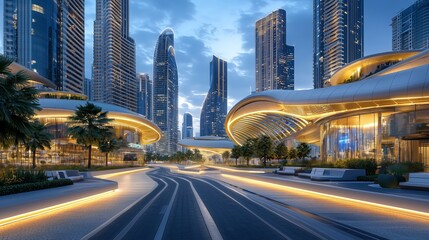 Fototapeta premium Modern Urban Landscape at Dusk with Futuristic Architecture and Lights