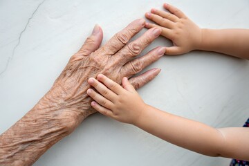 Fototapeta premium Hands of an old woman and hands of a child on a light background, old skin and young, wrinkles on the hands, rough old fingers and a child's hand 