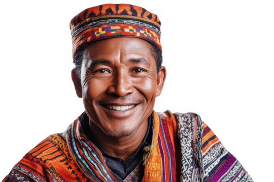 A smiling portrait of a man wearing traditional cultural attire, isolated on a pure white background, isolated on a transparent background. Cutout.