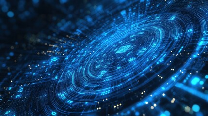 Futuristic digital interface with blue circuitry and data visualization