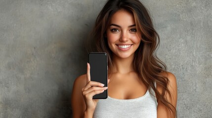 Young woman smiling while holding a smartphone against a textured gray wall, showcasing modern lifestyle