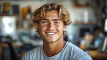 Young man smiling in a modern workspace, surrounded by blurred office elements and warm lighting