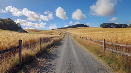 Fototapeta premium Serene Country Road Through Golden Wheat Fields Under Blue Sky