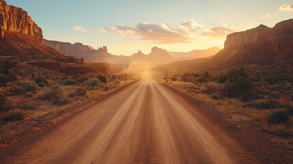 Dusty Desert Road Leading to Majestic Sunrise in National Park