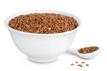 flaxseed in ceramic bowl isolated on white background. Top view. Flat lay